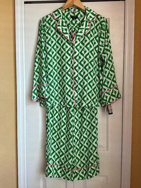 NWT Kate Spade New York Long Green Geo Pajama Set Size M/M